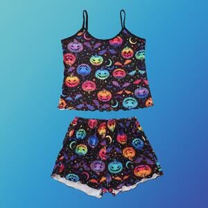 Ladies 2 Piece Colorful Halloween Pajamas Set with Shirt & Shorts Size Large